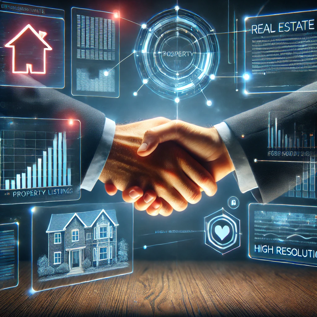DALL·E 2025-03-05 14.46.55 - A modern real estate transaction in a high-tech office environment. A handshake between two professionals symbolizes a successful deal, with digital p Transacción inmobiliaria moderna con un apretón de manos entre profesionales, representando éxito en bienes raíces.