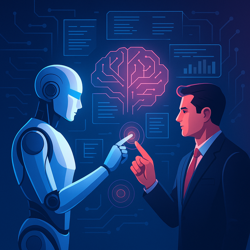 Ilustración digital futurista que muestra a un robot humanoide y a un profesional de negocios interactuando con una interfaz holográfica. Ambos extienden un dedo hacia un punto central de conexión, en un entorno tecnológico con gráficos y circuitos, representando la colaboración ética y responsable entre inteligencia artificial y personas en entornos corporativos. Predominan los colores institucionales azul oscuro (#02074D) y rosa brillante (#FF0090), reflejando innovación, confianza y sofisticación.