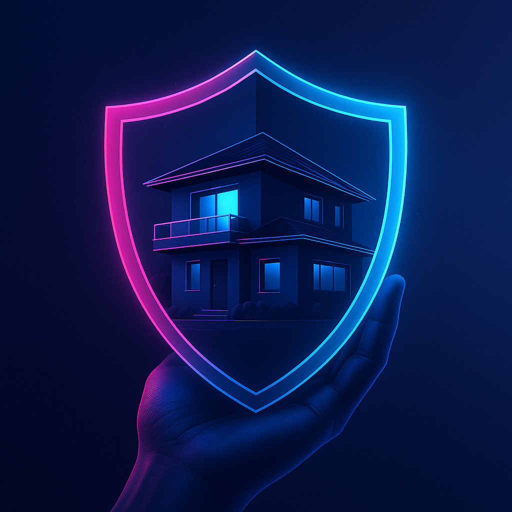 Ilustración digital hiperrealista de una propiedad moderna de dos niveles con acabados arquitectónicos sofisticados, representada en tonos institucionales azul oscuro (#02074D) y rosa brillante (#FF0090), que refleja seguridad, tecnología y estructura legal en operaciones inmobiliarias
