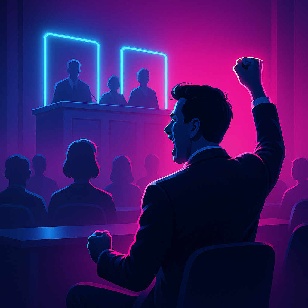 Ilustración digital futurista de una asamblea corporativa con estética neon. Un accionista molesto, vestido formalmente, levanta el puño y grita desde su asiento mientras un panel de jueces o directivos iluminados en azul eléctrico lo observa desde el estrado. La escena está bañada en tonos institucionales de azul oscuro y rosa brillante sobre fondo blanco, evocando tensión legal y decisión empresarial.